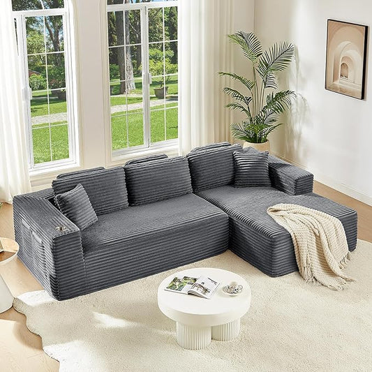 108" Boneless Couch, Cloud Couch Modular Sectional Sofa with Deeper Seat, L-Shaped Sofa with 4 Storage Pockets, Comfy Corduroy Couches for Living Room (Right Facing Chaise, Grey)