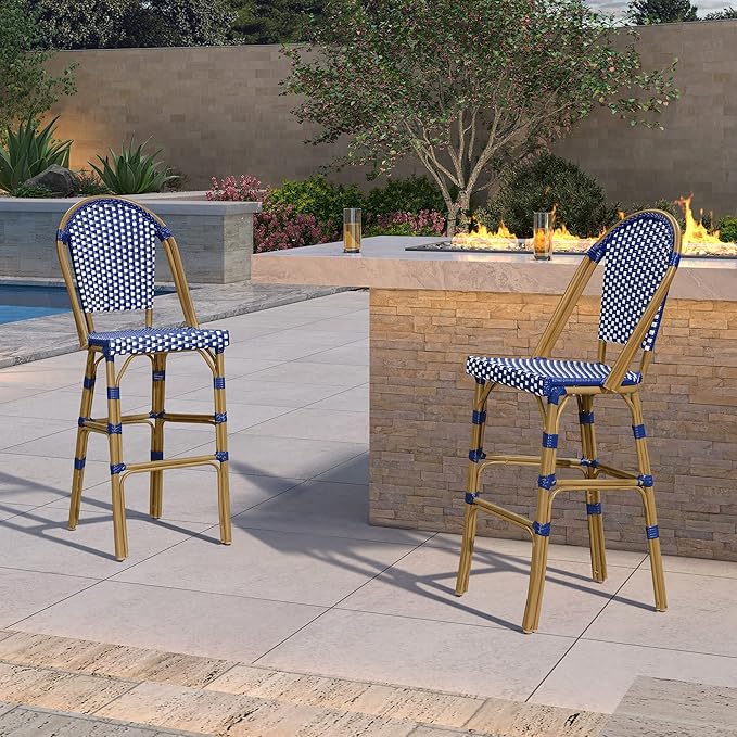 PURPLE LEAF French Bar Stool Set of 4 Bamboo Print Finish Patio Bar Stools with Back Rattan Bar Chairs Wicker Bar Height Stool 30" with Footrest Kitchen Island Stools Outdoor Barstool Royal Blue