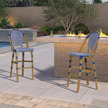 PURPLE LEAF French Bar Stool Set of 2 Bamboo Print Finish Patio Bar Stools with Back Rattan Chairs Wicker Bar Height Stool 30" with Footrest Kitchen Island Stools Outdoor Barstool Royal Blue