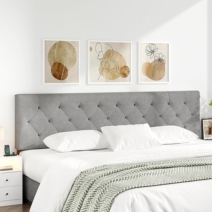 Upholstered Headboard King Size Only for Bed Frame from 65”-78”, Adjustable Height Headboards King with Durable Leg, Fabric Bed Head Board in Modern Button Design, Light Grey