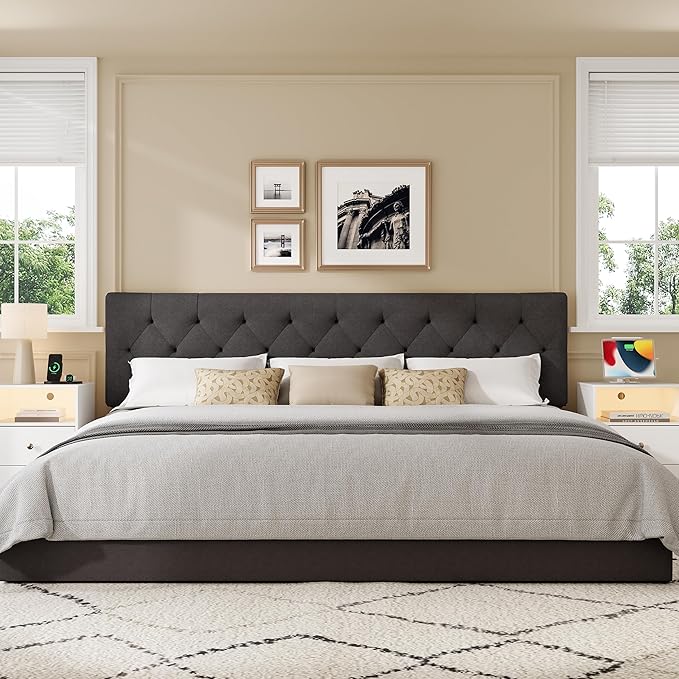 King Upholstered Headboard Only for Bed Frame from 65”-78”, Adjustable Height King XL Headboards with Durable Wood Legs, Fabric Bed Board in Modern Button Design, Dark Grey