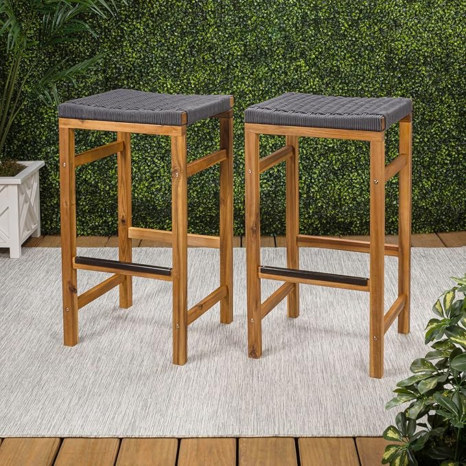 JONATHAN Y BSL1201B-SET2 Armand 30" Modern Coastal Backless Acacia Wood Outdoor Bar Stool with Woven Rope Seat, for Pool, Deck, Poolside, Light Teak/Grey (Set of 2)
