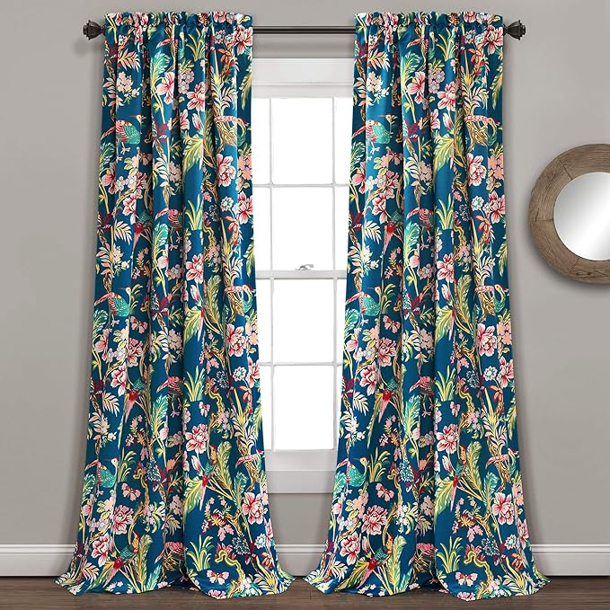 Lush Decor Dolores Light Filtering Window Panels, Pair, 52" W x 84" L, Navy & Multi - Floral Curtains for Bedroom - Vintage Curtains - Coquette Room Decor