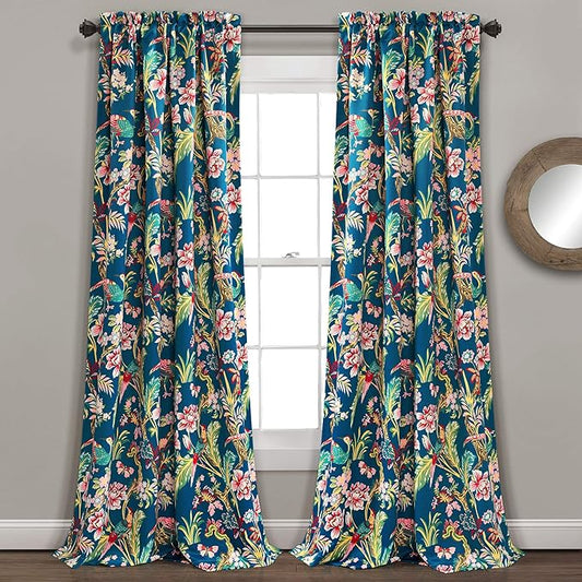 Lush Decor Dolores Light Filtering Window Panels, Pair, 52" W x 84" L, Navy & Multi - Floral Curtains for Bedroom - Vintage Curtains - Coquette Room Decor
