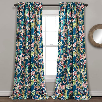 Lush Decor Dolores Light Filtering Window Panels, Pair, 52" W x 108" L, Navy & Multi - Floral Curtains for Bedroom - Vintage Curtains - Coquette Room Decor