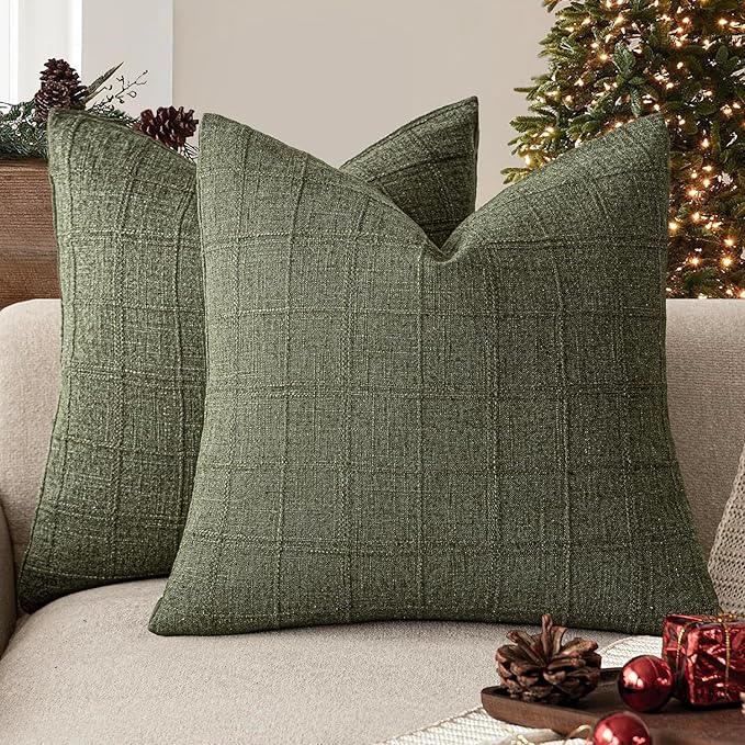 Foindtower Set of 2 Decorative Linen Check Throw Pillow Covers Neutral Farmhouse Vintage Cushion Covers Modern Boho Home Decor for Sofa Chair Couch Bedroom Living Room,22×22 Inch,Olive Green