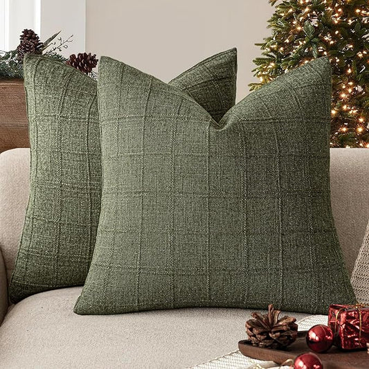Foindtower Set of 2 Decorative Linen Check Throw Pillow Covers Neutral Farmhouse Vintage Cushion Covers Modern Boho Home Decor for Sofa Chair Couch Bedroom Living Room,22×22 Inch,Olive Green
