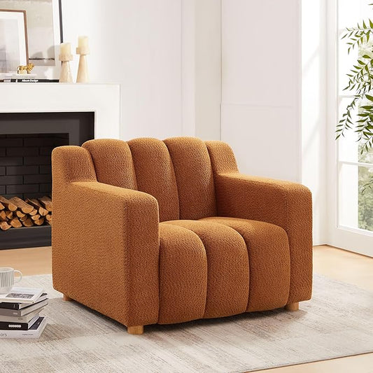 VANOMi Oversized Accent Chair, Modern Living Room Chairs, Comfy Boucle Fabric Upholstered Armchair for Bedroom, Office, Waiting Room (Curry)