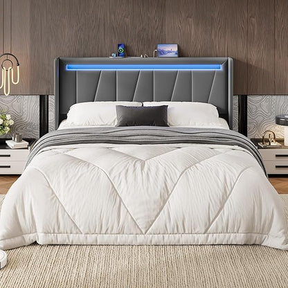 SHA CERLIN Full Size Bed Frame with Charging Station and LED Lights, Modern Velvet Platform Bed with Upholstered Geometric Wingback Headboard, No Box Spring Needed, Easy Assembly, Grey