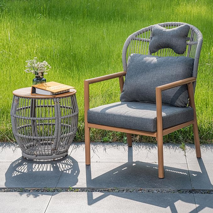 Modern Living Room Chairs, Accent Chairs Set of 2 with Coffee Table, Comfy Arm Chair with Cushions/Headrest, Reading Lounge Chair, Rattan Recliner Seating, Braid Armchair for Bedroom, Grey