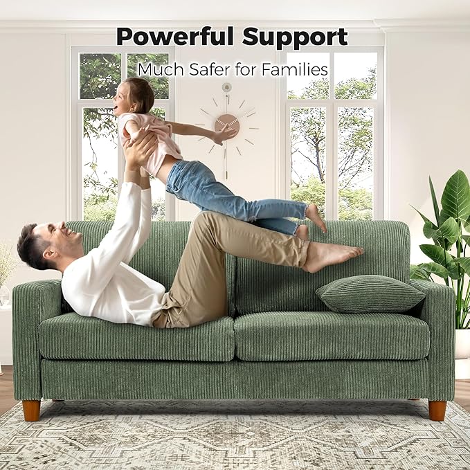 70in Corduroy Couch, Kidirect Sofa No Tool Assembly, Comfy Couches for Living Room 21in Deeper Seats, Corduroy Sofas for Living Room with 2 Pillows, Oversized Loveseat Sofa, Boho Love Seat Green Couch