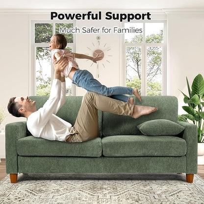 70in Corduroy Couch, Kidirect Sofa No Tool Assembly, Comfy Couches for Living Room 21in Deeper Seats, Corduroy Sofas for Living Room with 2 Pillows, Oversized Loveseat Sofa, Boho Love Seat Green Couch