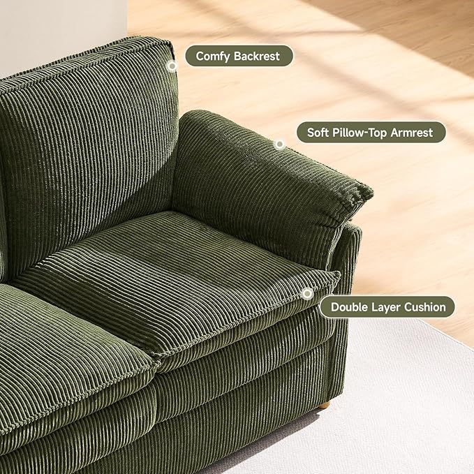 ONBRILL 86.6" Corduroy Couches for Living Room, Comfy 3 Seater Sofa with Pillow-Top Armrest & Dual-Layer Cushions, Mid Century Modern Couch for Bedroom, Apartment, Green
