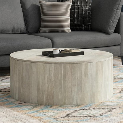 SIMPLIHOME Millbury Drum Coffee Table - 36 inch Wide Solid Mango Wood Round Living Room Table in White Wash, Contemporary Cocktail Table for Family Room or Lounge with Large Surface, Assembled