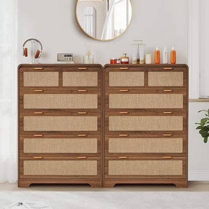 43" Tall Dresser for Bedroom, 5 Drawer Mid Century Modern Dresser with Natural Linen, Curved Wood Chest of Drawers Closet Clothes Storage Organizer for Living Room, Hallway (Walnut)