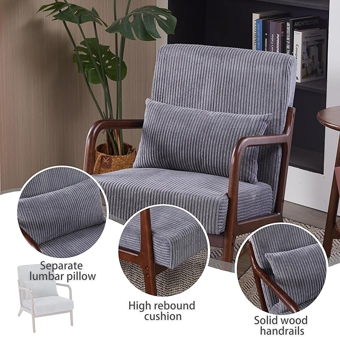Accent Chairs, Mid-Century Modern Chair with Pillow, Armchair with Solid Wood, Reading Relaxing Leisure Chair for Living Room（Dark Grey/Walnut）