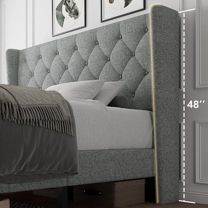 iPormis Queen Size Platform Bed Frame with Button Tufted Headboard, Upholstered Bed Frame with Solid Wooden Slats, 8" Underbed Space, No Box Spring Needed, Noise Free, Easy Assembly, Light Gray