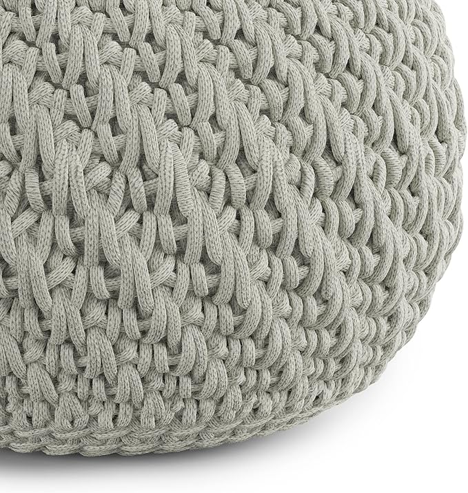 SIMPLIHOME Nisi Boho Round Knitted Outdoor/ Indoor Pouf in Light Grey Recycled PET Polyester for the Living Room, Bedroom and Kids Room