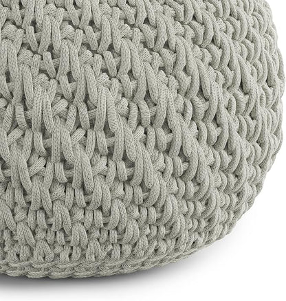SIMPLIHOME Nisi Boho Round Knitted Outdoor/ Indoor Pouf in Light Grey Recycled PET Polyester for the Living Room, Bedroom and Kids Room