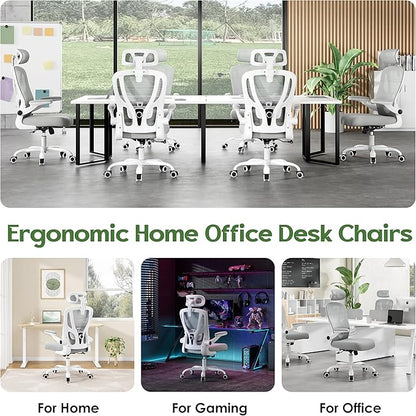 Office Chair Ergonomic Desk Chair - Mesh High Back Office Chair with Headrest Wheels Lumbar Support Home Desk Office Chairs Flip up Armrest Executive Rolling Swivel Task Computer Chair White