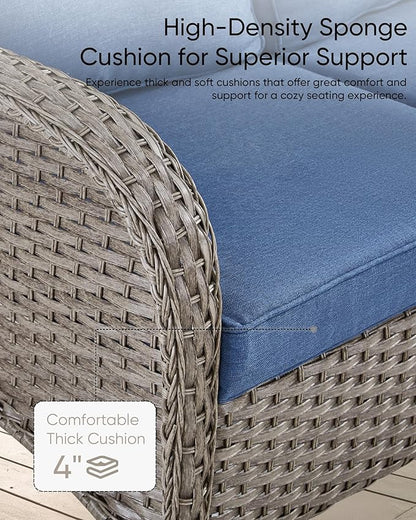 HUMMUH 7 Pieces Outdoor Furniture Set-All Weather Wicker Rattan Couch with Outdoor Rocking Chair Patio Furniture for Deck Lawn Porch Balcony Poolside-Grey/Blue
