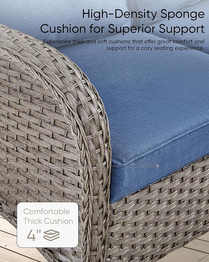 HUMMUH 6 Pieces Outdoor Patio Furniture-PE Rattan Wicker Sofa with Patio Swivel Rocking Chairs Patio Furniture for Deck Lawn Porch Balcony Poolside-Grey/Blue
