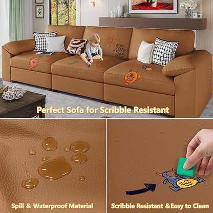 EASE MOOSE Oversized Corner Modular Sectional Sofa with Ottoman, Faux Leather Sectional Sofa with Deep Seat, Scratch Resistant Faux Leather Material, Extra Large L Shaped Couch, Brown
