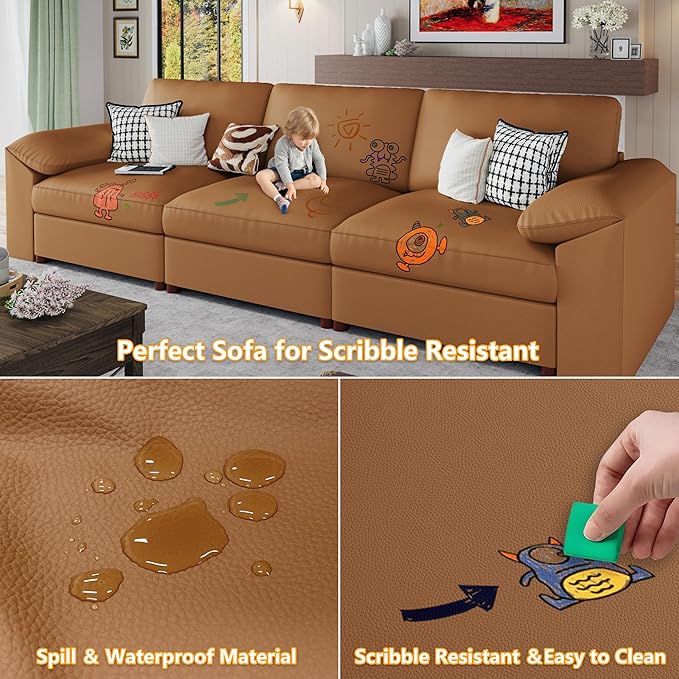 EASE MOOSE Loveseat Sofa for Living Room,Oversized Deep Seat Modular Sectional,Modern Comfy 2 Seater Sofas,Scratch Resistant Faux Leather Couch for Small Spaces, Brown