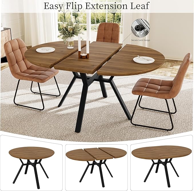 43.2"-59.1" Extendable Round Dining Table for 4-6 People, Modern Kitchen Oval Dining Table with Flexible Leaves Space Saving, Metal Base for Kitchen Dining Room (Walnut)