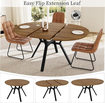 43.2"-59.1" Extendable Round Dining Table for 4-6 People, Modern Kitchen Oval Dining Table with Flexible Leaves Space Saving, Metal Base for Kitchen Dining Room (Walnut)