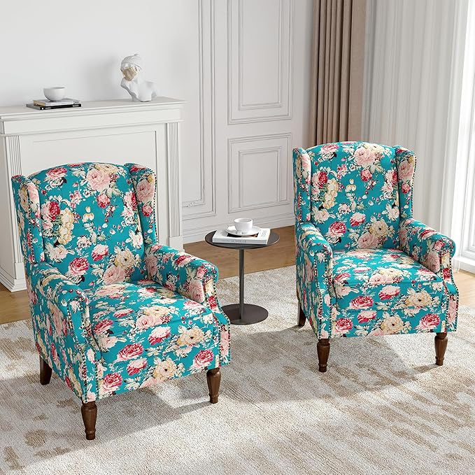 Wingback Accent Chairs Set of 2, High Back Upholstered Armchair, Floral Fabric Wingback Arms Chairs with Retro Solid Wood Legs, Single Sofa Reading Chair for Bedroom Living Room, Peacock Blue