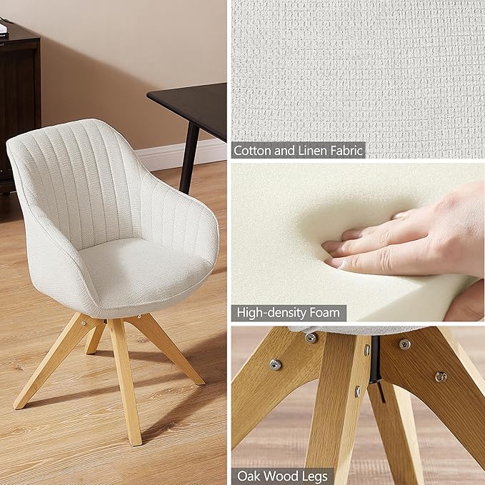 Zouron Accent Chair with Wooden Legs, Swivel Desk Chairs No Wheels, Upholstered Armchair Vanity Chair for Small Space Home Office Living Room Bedroom, Beige and Natural Wood