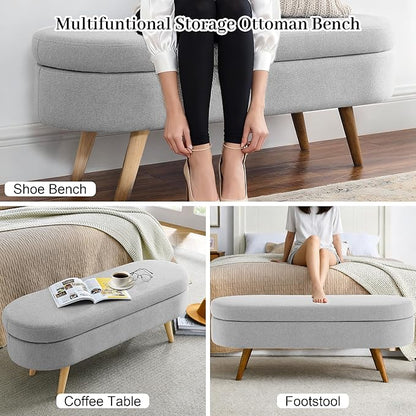 Storage Ottoman Bench 43" Storage Bench for Bedroom, Upholstered Soft Boucle Fabric End of Bed with Safety Hinge Solid Wood Legs Foot Stool Benches for Hallway,Closet,Oval, Entryway, Grey
