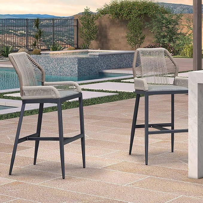 PURPLE LEAF 2 Pieces Bar Stools Patio Modern Rattan Barstools Aluminum Woven Tall Bar Chairs with Cushions for Outdoor Kitchen Island Garden