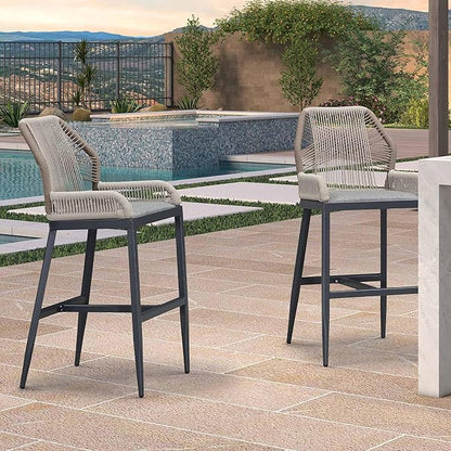 PURPLE LEAF 2 Pieces Bar Stools Patio Modern Rattan Barstools Aluminum Woven Tall Bar Chairs with Cushions for Outdoor Kitchen Island Garden