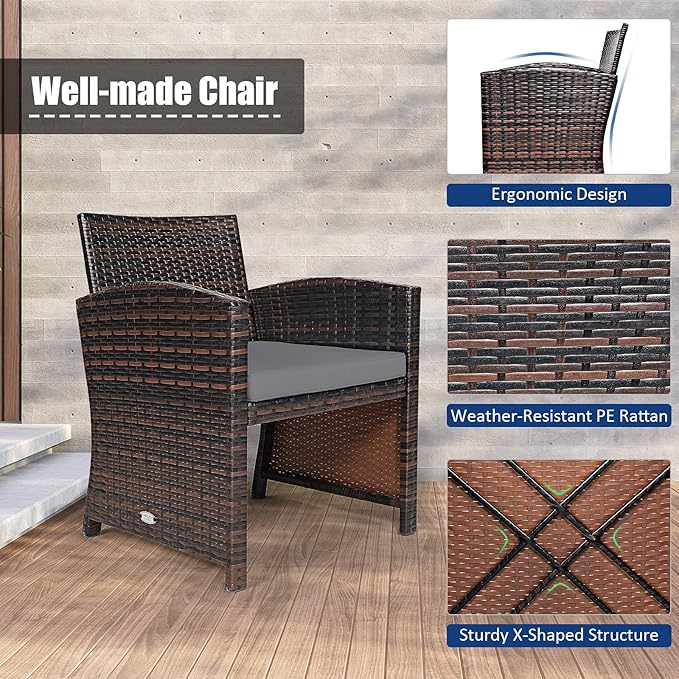 COSTWAY 3 Pieces Patio Furniture Sets, Outdoor Rattan Conversation Set with Tempered Glass Tabletop and Soft Cushion, Wicker Cushioned Chair Sofa for Backyard, Porch, Poolside, Lawn, Gray