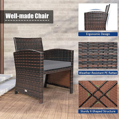 COSTWAY 3 Pieces Patio Furniture Sets, Outdoor Rattan Conversation Set with Tempered Glass Tabletop and Soft Cushion, Wicker Cushioned Chair Sofa for Backyard, Porch, Poolside, Lawn, Gray