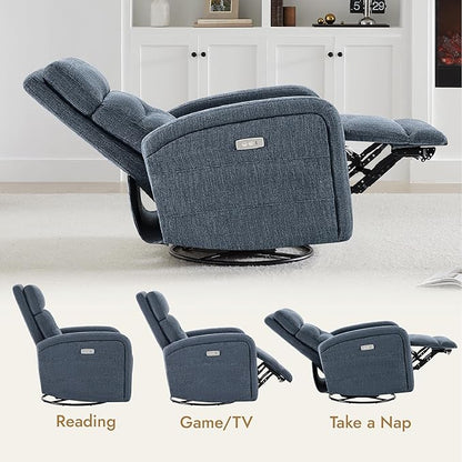 Watson & Whitely Swivel Power Recliner Glider Rocker, Small Recliner with Charging Port for Living Room, Fabric in Blue