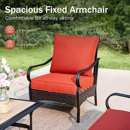 PHI VILLA Patio Furniture Set with 56" Fire Pit Table, Premium Outdoor Wicker Metal Frame Furniture with Upgraded Waterproof Thick Cushions for Porch, Poolside, Deck, and Yard （4 Pieces,Red