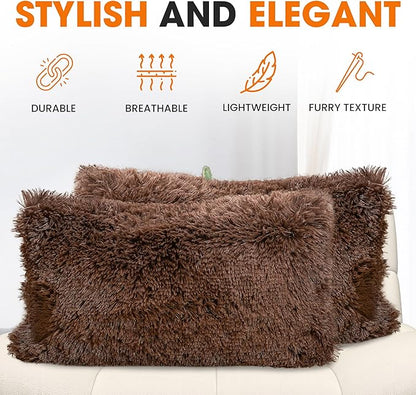 Cheer Collection Throw Pillows for Couch and Bed, Soft Shaggy Throw Pillows with Inserts Included, Cozy Long Hair Faux Fur Pillows - Set of 2-12" x 20" - Chocolate