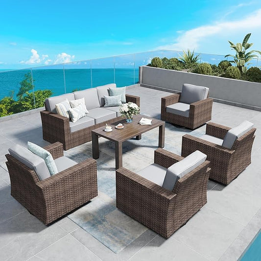 Swivel Glider 6 Piece Outdoor Furniture Set with Swivel Chairs, Wicker Patio Furniture with 4.92" Wide Armrest, 26.3" Deep Seating and 5.5" Thick Cushions, Grey