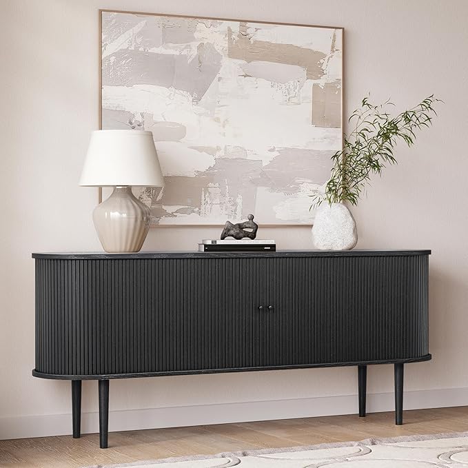 WERMO 71’’ Black Sideboard Cabinet with Doors and Shelves - Black Cabinet for Living Room, Bedroom, Entryway and Office Credenza. Kitchen Buffet, Modern Media Console Table with Storage (Black Oak)