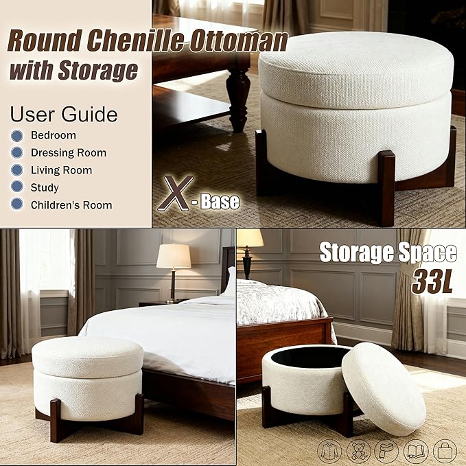modscape 24-Inch Large Round Chenille Storage Ottoman Coffee Table Upholstered Velent Ottoman Table for Living Room Soft Tufted Circle Boucle Ottoman with Lift-Off Lid X-Base (Ivory, 24in-X-Base)