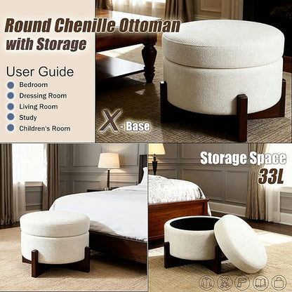modscape 24-Inch Large Round Chenille Storage Ottoman Coffee Table Upholstered Velent Ottoman Table for Living Room Soft Tufted Circle Boucle Ottoman with Lift-Off Lid X-Base (Ivory, 24in-X-Base)