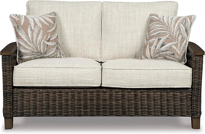 Signature Design by Ashley Paradise Trail Outdoor Loveseat with All Weather Cushions, Nuvella Weather Resistant Fabric, Medium Brown