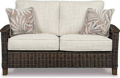 Signature Design by Ashley Paradise Trail Outdoor Loveseat with All Weather Cushions, Nuvella Weather Resistant Fabric, Medium Brown