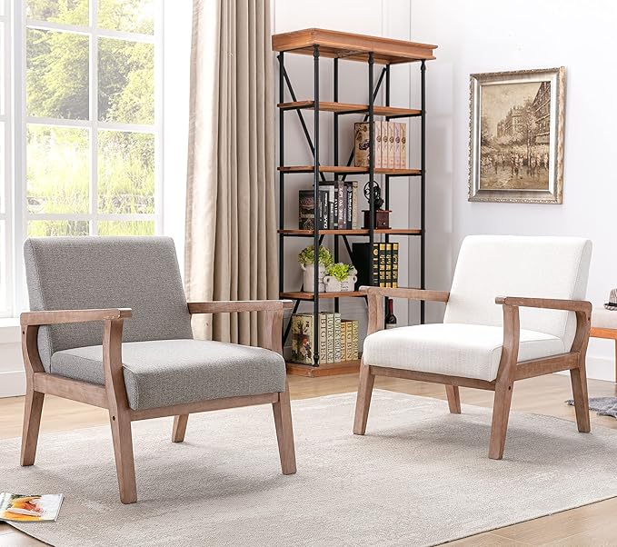 Mid Century Modern Accent Chair, Linen Upholstered Living Room Accent Armchair with Wood Frame, Farmhouse Chair for Living Room Bedroom, Gray
