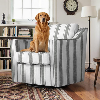 Pia Ricco Set of 2 Oversized Modern Striped Fabric Swivel Accent Chairs with Removable Covers, Living Room Reception Set