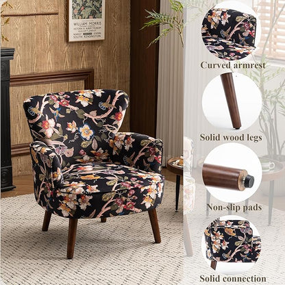 Floral Accent Chair, Upholstered Living Room Chairs with Solid Wood Legs, Mid Century Modern Velvet High Back Armchair for Living Room, Bedroom, Black