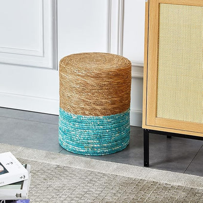 Wimarsbon Ottoman Poof, Natural Seagrass Poufs, Hand Weave Round Footstool, Pouffe Accent Chair, Sitting Braided Footrest W/Jute Cover, Outdoor Ottoman, for Living Room, Bedroom